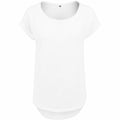 The BY036 from Build Your Brand is a plain white short-sleeve T-shirt featuring a round neckline. It has a slightly longer back hem, offering a relaxed fit, and the fabric feels lightweight and soft.