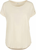 A short-sleeve T-shirt in beige, labeled as BY036 by Build Your Brand, is presented against a white background.