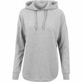 The BY037, a gray hooded sweatshirt by Build Your Brand, with long sleeves and drawstrings, is shown against a white background.