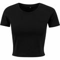 The BY042 by Build Your Brand is a black short-sleeve crop top featuring a round neckline.