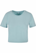 The BY042, a light blue crop top by Build Your Brand, features short sleeves and a round neckline, displayed against a white background.