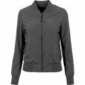 The BY044 jacket from Build Your Brand is a gray bomber with long sleeves, featuring a zipper closure along with ribbed cuffs and hem.