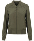 The BY044 bomber jacket by Build Your Brand features an olive green design with a front zipper, ribbed cuffs, and waistband.