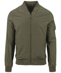 Introducing the BY045 bomber jacket by Build Your Brand. This olive green jacket features a front zipper, long sleeves, ribbed cuffs and hem, and a zippered pocket on the left arm.
