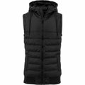 The BY046 by Build Your Brand is a black insulated puffer vest, complete with a hood, front zipper, ribbed hem, and drawstrings.
