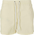 The BY050 shorts from Build Your Brand are light yellow with a stretchy waistband and white drawstrings. The fabric is soft and casual, making them perfect for warm weather or beachwear.