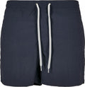 The BY050 swim trunks by Build Your Brand feature a navy blue color, an elastic waistband, and central white drawstrings.