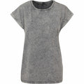 Introducing the BY053 by Build Your Brand: a gray, acid-washed T-shirt featuring rolled-up short sleeves and a round neckline. This piece boasts a textured, vintage appearance for a unique style statement.