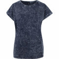 The BY053 T-shirt by Build Your Brand is showcased against a white background, featuring a dark blue color with short sleeves. The fabric displays a textured, faded look with a marble-like pattern, providing a vintage and worn appearance.