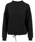 The BY058 by Build Your Brand is a black long-sleeve sweatshirt featuring a round neck and a drawstring at the hem.