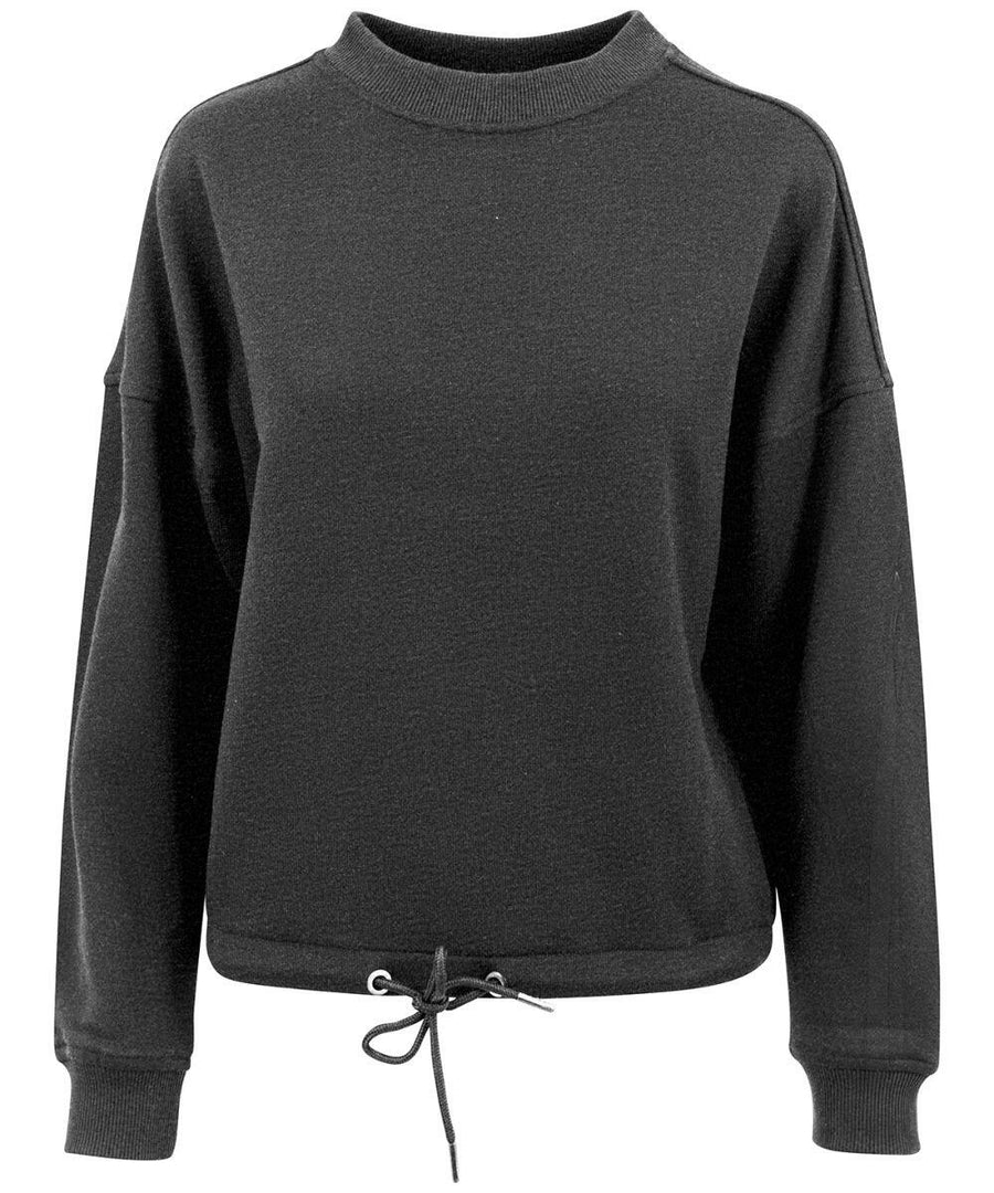 A black, long-sleeve BY058 sweatshirt from Build Your Brand featuring a round neck and an adjustable drawstring at the hem.