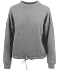The BY058 from Build Your Brand is a gray long-sleeve sweatshirt featuring a high collar and an adjustable drawstring hem.