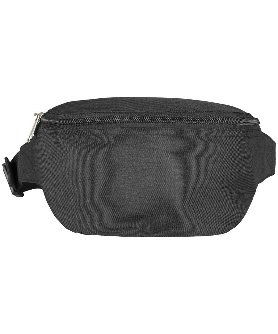 The BY059 fanny pack from Build Your Brand features a black design with a zippered closure, adjustable strap, and plastic buckle.