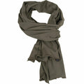 An olive green scarf from Build Your Brand, style number BY063, displayed against a plain backdrop showcases its long, soft texture and color, while a small black label marked XS accents it neatly.