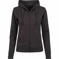 The BY069 by Build Your Brand is a black zip-up hoodie featuring front pockets and a drawstring hood.