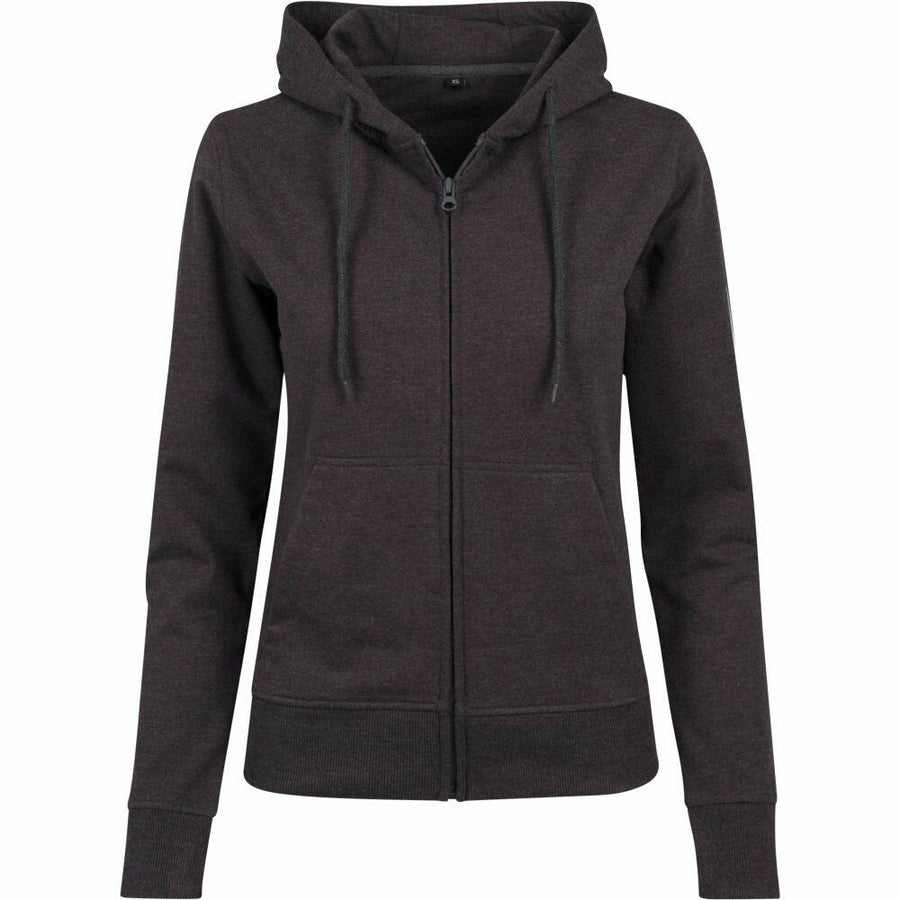 The BY069 by Build Your Brand is a black zip-up hoodie featuring front pockets and a drawstring hood.