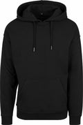 BY074 by Build Your Brand features a black hooded sweatshirt with a front pocket and drawstrings.