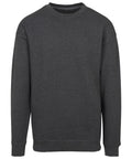 The BY075 from Build Your Brand is a dark gray crew neck sweatshirt featuring long sleeves and a minimalist design, perfect for casual or athletic wear.
