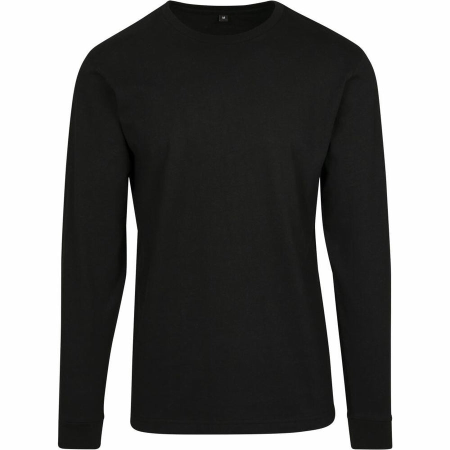 The BY091 by Build Your Brand, a simple black long-sleeve crewneck shirt, is displayed against a white background.