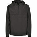The BY096 pullover jacket from Build Your Brand features a plain black design, complete with a hood and front zipper.