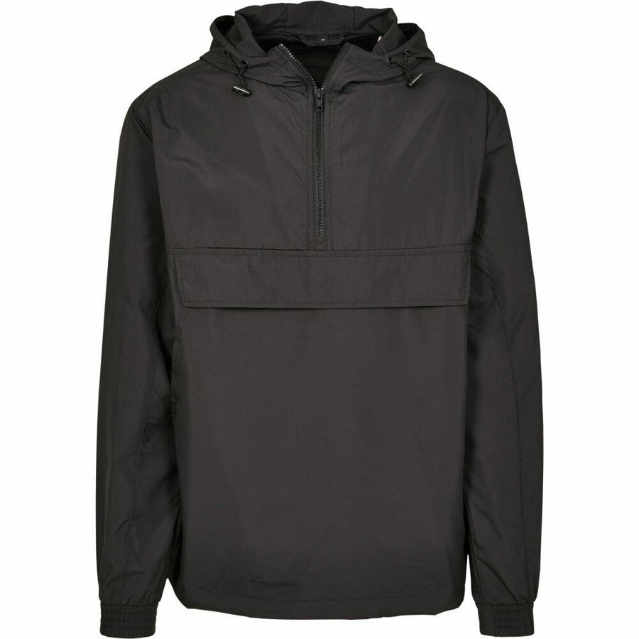 The BY096 pullover jacket from Build Your Brand features a plain black design, complete with a hood and front zipper.