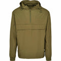 Build Your Brand BY096 windbreaker in olive green featuring a hood, half-zip front, and kangaroo pocket.