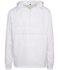 White hooded pullover jacket, BY096 by Build Your Brand, featuring a front zipper and a large pocket.