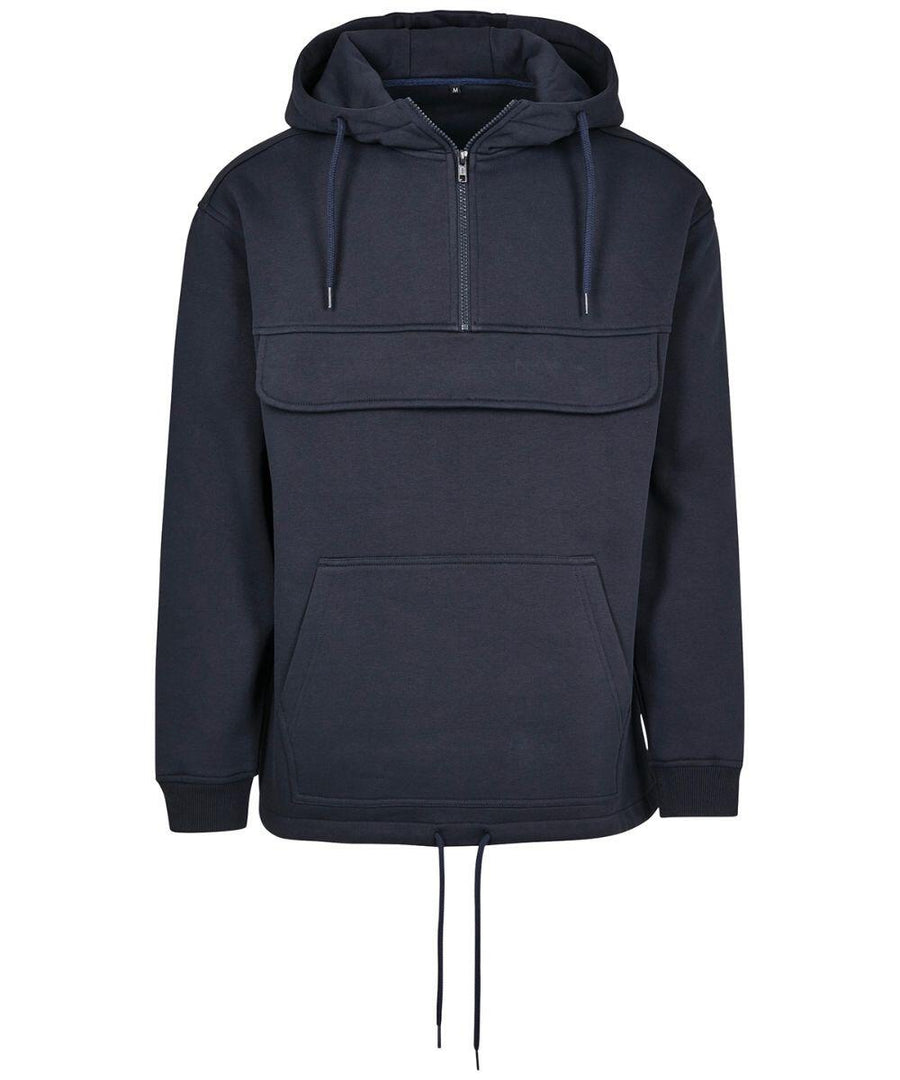 The Build Your Brand BY098 features a black long-sleeve design with a hood, front zipper, drawstrings, and a spacious pouch pocket.