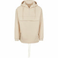 The BY098 by Build Your Brand is a beige hooded sweatshirt featuring a half-zip front, a large front pocket, and adjustable drawstrings at the hem.