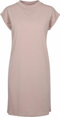 The Build Your Brand BY101 is a beige, short-sleeve dress with a round neckline that falls to the knee.
