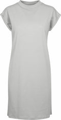 Introducing the BY101 by Build Your Brand: A minimalist, short-sleeved, light grey T-shirt dress featuring rolled cuffs. It offers a round neckline and a relaxed fit, perfect for casual wear. Presented against a plain white background for clarity.