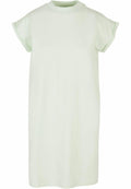 Introducing BY101 by Build Your Brand: a minimalist, knee-length dress in light green featuring short, slightly rolled sleeves and a round neckline.