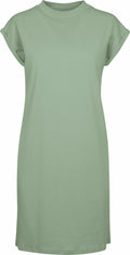 A BY101 T-shirt dress by Build Your Brand, featuring a simple design in sage green with short sleeves and a round neckline, displayed against a white background.