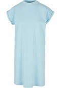 The BY101 dress by Build Your Brand is a light blue, short-sleeved, knee-length piece featuring a round neckline and rolled cuffs. Made from soft and comfortable fabric, it's perfect for casual occasions. The dress is showcased on a plain white background.