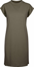 BY101 T-shirt dress in olive green, featuring short sleeves and a round neckline, displayed on a plain white background by Build Your Brand.