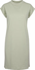 The BY101 by Build Your Brand is a plain, short-sleeve t-shirt dress in sage green displayed on a white background. It features a simple design with rolled sleeves and a round neckline.