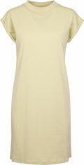 The BY101 dress from Build Your Brand features a plain, light beige color with short sleeves and a knee-length cut. It has a round neckline and slightly rolled-up sleeves, offering a simple and casual design against a white background.