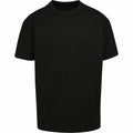 A plain black t-shirt, labeled as BY102 from the Build Your Brand collection, features short sleeves and a round neckline. Shown against a white background, this shirt boasts a simple, minimalist design with no visible logos or patterns.
