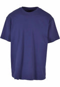 A BY102 T-shirt by Build Your Brand, featuring a plain navy blue color, short sleeves, and a round neckline, displayed against a white background.
