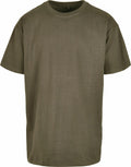 A plain olive green T-shirt from Build Your Brand, model BY102, is displayed against a white background. This T-shirt features short sleeves and a round neckline, showcasing a simple and classic design.