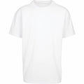 The product is the BY102, a plain white T-shirt from Build Your Brand, featuring short sleeves and a classic round neckline. It appears to have a loose fit on a white background.