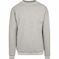 The BY104 by Build Your Brand is a gray crewneck sweatshirt featuring white striped cuffs and hem.