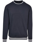 The BY104 by Build Your Brand is a plain black sweatshirt featuring white trim on the collar and cuffs.