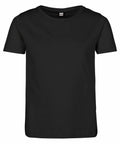 A plain black T-shirt with short sleeves and a crew neck design from Build Your Brand called BY115 is displayed against a white background.
