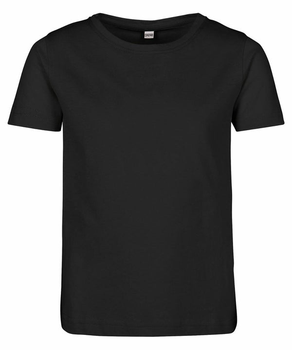 A plain black T-shirt with short sleeves and a crew neck design from Build Your Brand called BY115 is displayed against a white background.