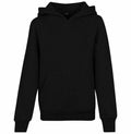 The Build Your Brand BY117 sweatshirt is a plain black hoodie featuring a front pocket and long sleeves, displayed on a white background.