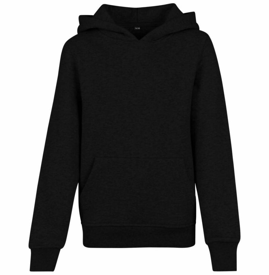 The Build Your Brand BY117 sweatshirt is a plain black hoodie featuring a front pocket and long sleeves, displayed on a white background.