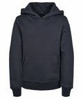 A Build Your Brand BY117 dark navy hoodie with a front kangaroo pocket, long sleeves, and a hood.
