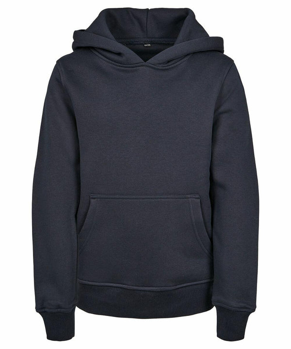 A Build Your Brand BY117 dark navy hoodie with a front kangaroo pocket, long sleeves, and a hood.