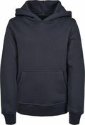 The BY117 hoodie from Build Your Brand is showcased against a white background. This plain black hoodie features long sleeves, a front pocket, and a hood. The material looks soft and comfortable, making it ideal for casual wear.